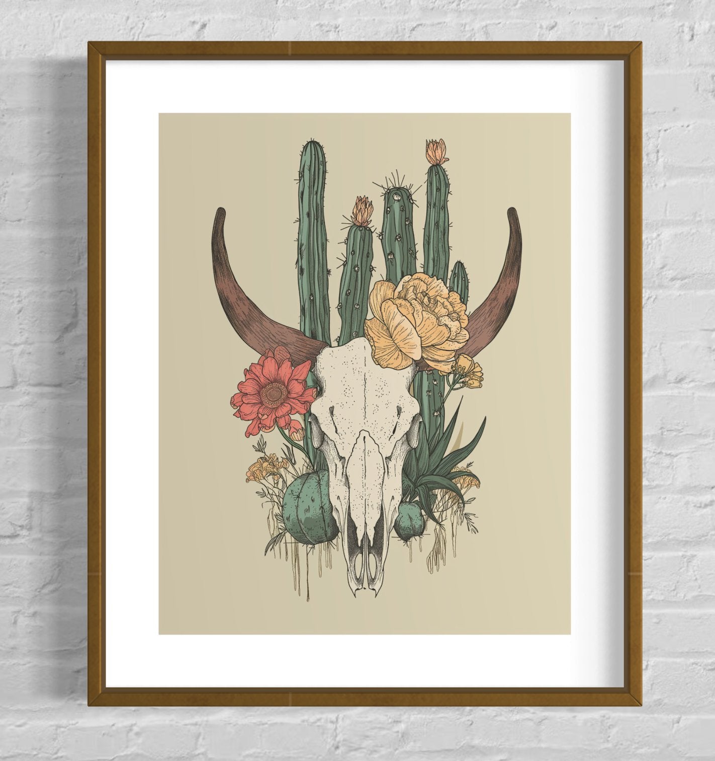 Boho Desert Skull Print - Botanical Cactus & Wildflower Wall Art, western art, floral art - Best Coast Prints