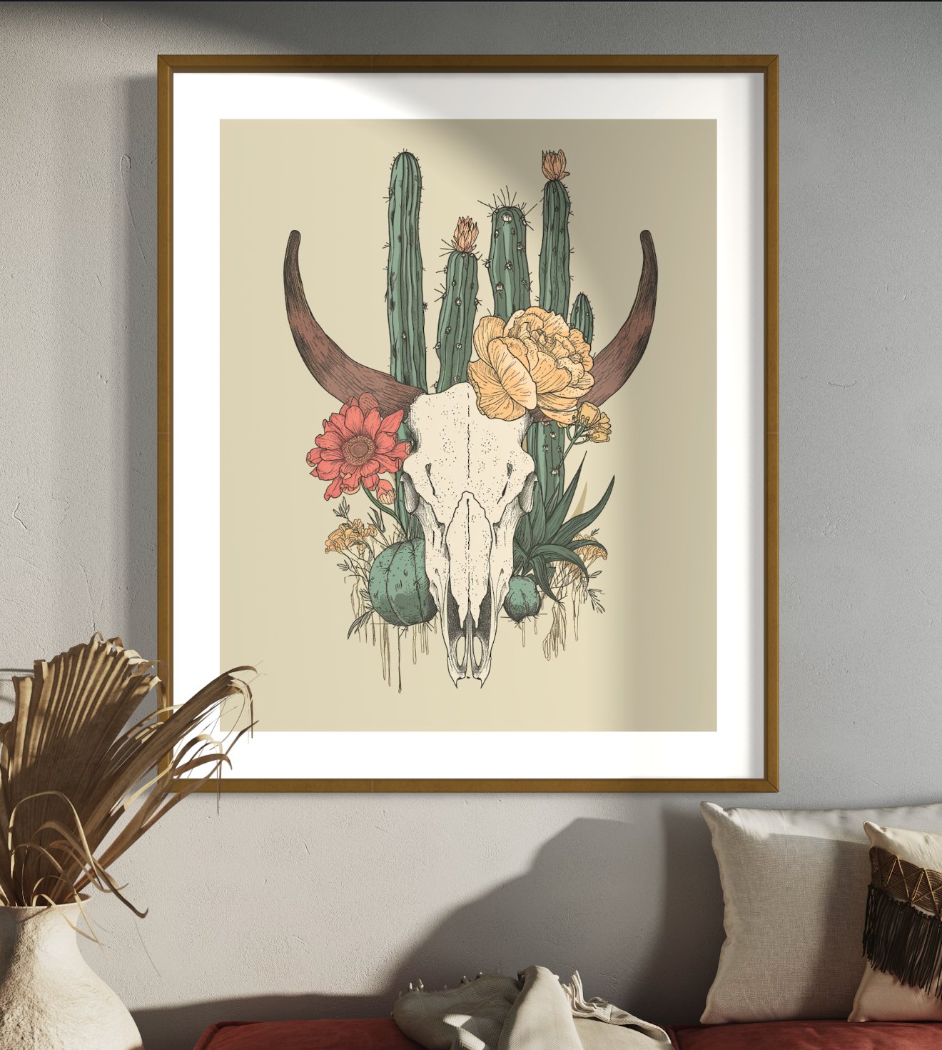 Boho Desert Skull Print - Botanical Cactus & Wildflower Wall Art, western art, floral art - Best Coast Prints