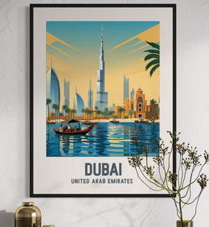 Dubai UAE Travel Print - Modern Skyline and Desert Oasis Poster - Best Coast Prints