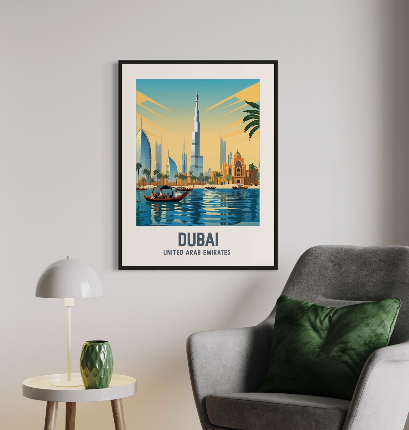 Dubai UAE Travel Print - Modern Skyline and Desert Oasis Poster - Best Coast Prints