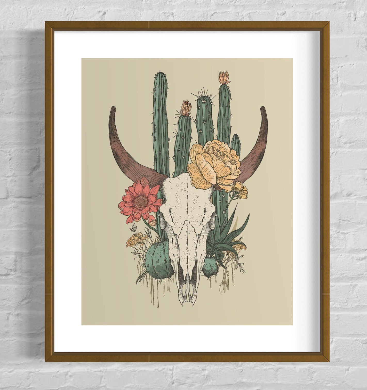 Boho Desert Skull Print - Botanical Cactus & Wildflower Wall Art western art floral art country drawing muted modern